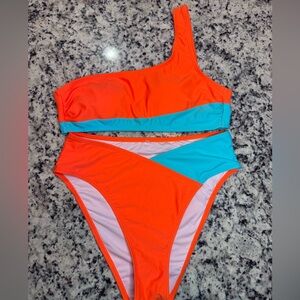 Cupshe Tangerine Aqua Colorblock Asymmetrical Bikini Set Medium